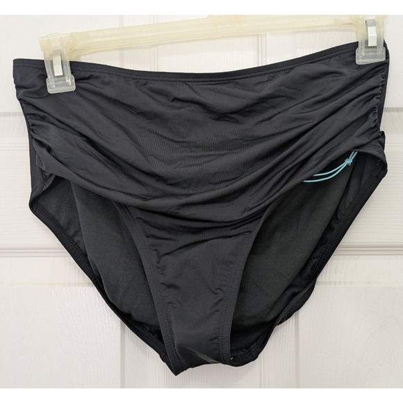 Women's Shirred High Waist Full Coverage Bikini Bottom Black Size Large 12-14 - Picture 2 of 5
